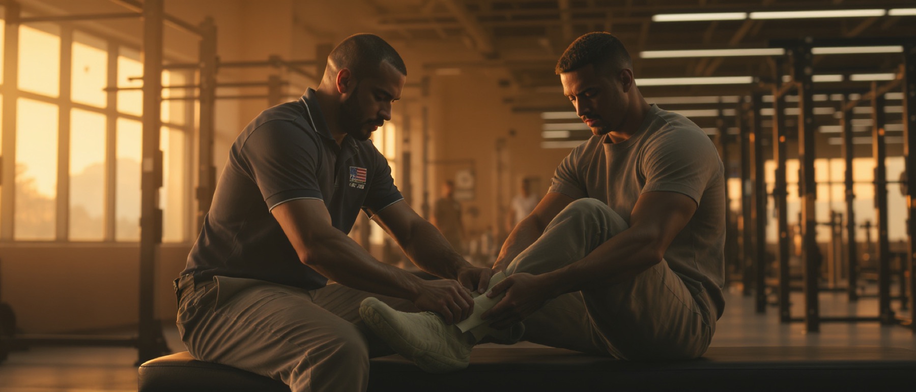An athletic trainer tapes a soldier's ankle in a military fitness center